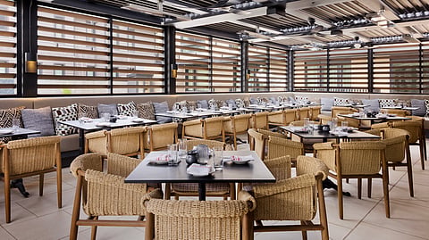 Main dining room at Lola 41 Aspen with woven chairs and mountain-inspired design