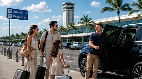 Traveler family meets a private driver outside Miami International Airport terminal