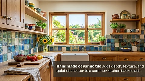 Handmade ceramic tile backsplash in a bright kitchen with wood cabinetry and garden views