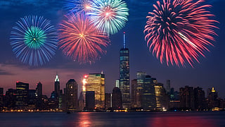 Fireworks over the New York City skyline on the Fourth of July.