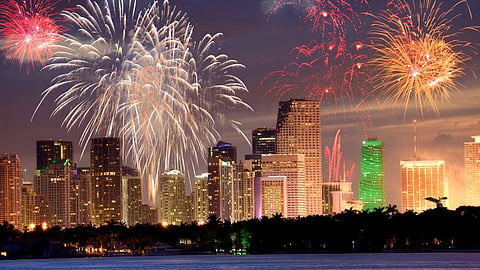 4th of July Fireworks in Miami against the city's skyline