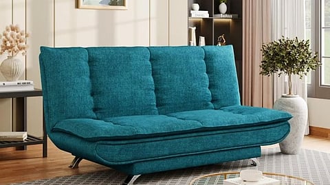a teal blue sofa