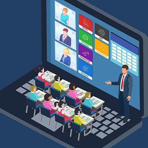 a digital classroom setting with isometric characters