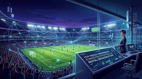 Illustrated soccer stadium at night with digital network overlays