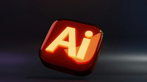 Glowing 3D "AI" icon in red and orange on a dark background.