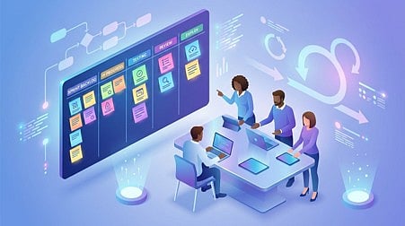 Isometric illustration of a team collaborating around a digital Agile project board 