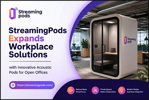 StreamingPods acoustic office pod promotional graphic.