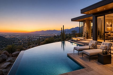 Luxury modern villa with infinity pool overlooking mountains and a city sunset view.
