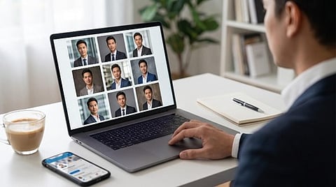 Person viewing professional headshots on a laptop during a virtual meeting