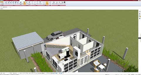 3D architectural model showing a modern house design with exterior layout