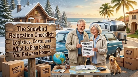 Snowbird relocation checklist graphic showing a couple planning a move between seasonal homes