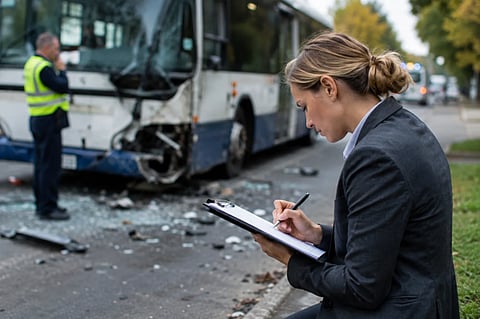Insurance inspector documenting a bus accident scene with a damaged vehicle in the background