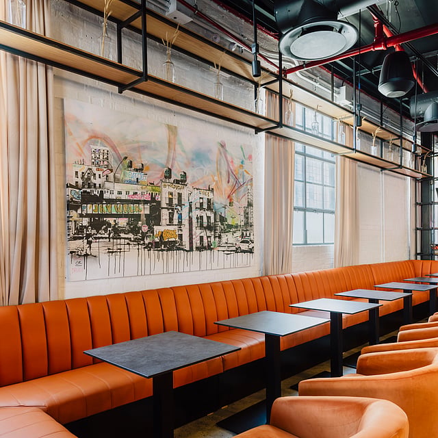 Lounge seating inside Jaywalker cocktail bar in Bushwick