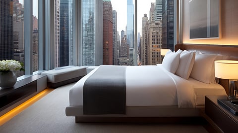 Modern luxurious hotel room featuring a comfortable bed, sleek design, large windows