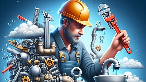 Illustration of a plumber with tools repairing pipes and plumbing equipment