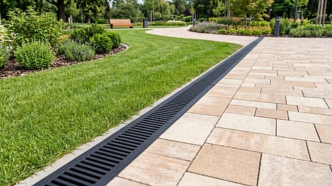 Modern linear black drainage grate along a paved park walkway