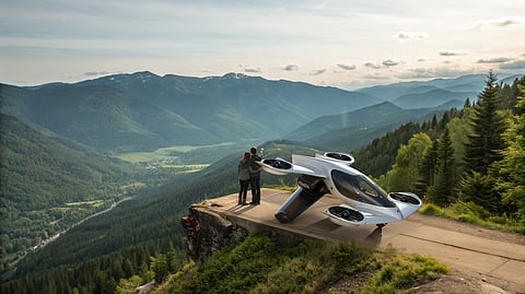 Doroni H1-X eVTOL overlooking a mountain valley at sunset