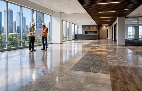 Two construction workers reviewing blueprints in a modern office space.