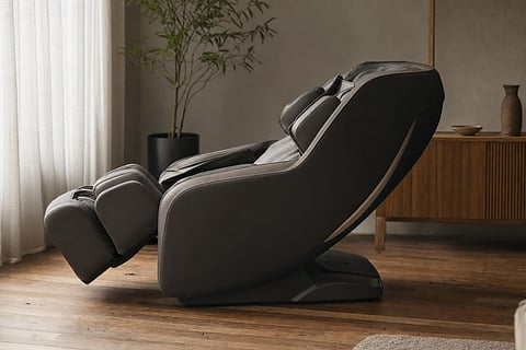 Black massage chair in a modern living room.