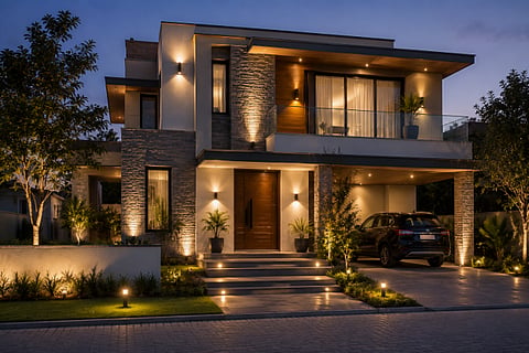 Modern luxury house illuminated at dusk with a car in the driveway.