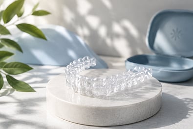 Clear dental aligner displayed beside its open case.