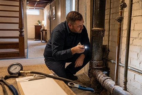 Plumber inspecting old basement pipes.