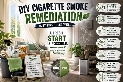 DIY cigarette smoke remediation infographic with home-cleaning tips.