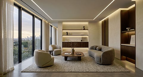 Modern living room with large windows and minimalist furniture.
