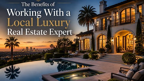 Luxury home with pool at sunset and real estate expert text.