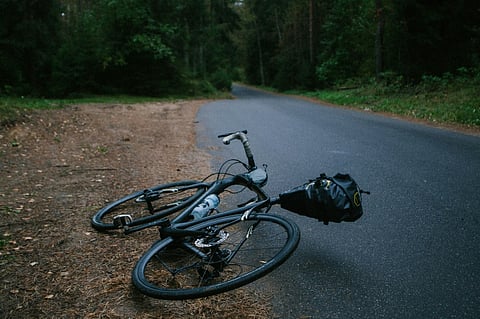 Bicycle lying beside a quiet forest road.