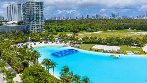 Floating pickleball court on Laguna SoLe at SoLe Mia in North Miami