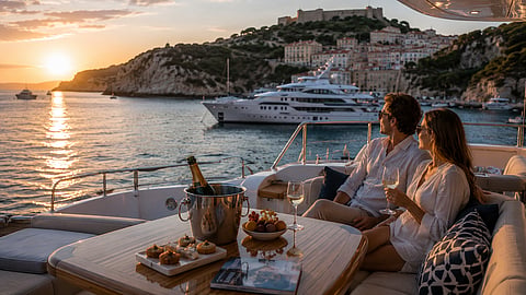 Couple enjoying sunset aboard a luxury yacht in the French Riviera with yachts and coastal village