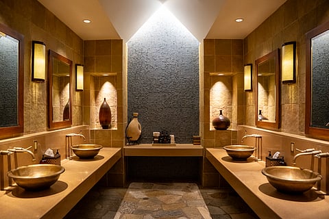 Spa interior with evening lighting at Stillwater Spa Lake Tahoe