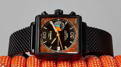 Shinola Mackinac Night Race watch with black and orange forged carbon dial
