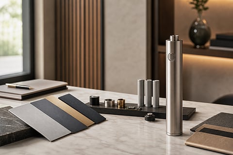 A desk featuring a pen holder