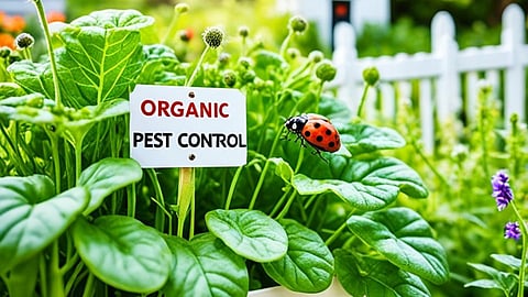 A garden scene showcasing various plants with natural pest control methods