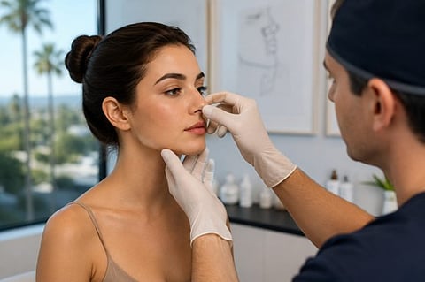  A woman receiving a facial treatment from a doctor