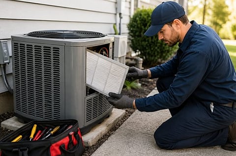 Air conditioning technician repairing a unit 
