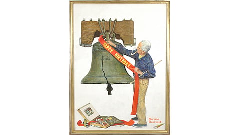 Norman Rockwell painting of an older man decorating the Liberty Bell with a Happy Birthday ribbon