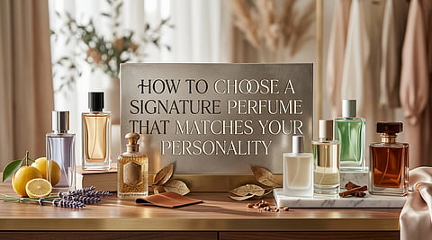 Perfume bottles and ingredients around a sign about choosing a signature perfume.