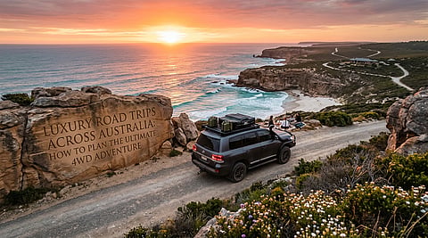 A 4WD on a coastal cliff at sunset beside text about Australian luxury road trips.