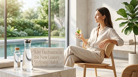 Woman relaxing with infused water next to a luxury hydration sign.