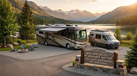 A luxury motorhome and a campervan parked at a scenic lakeside campsite surrounded by mountains