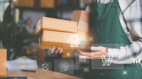 Blurred retail worker behind Artificial intelligence screens