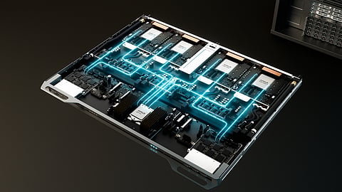 An open server tray with glowing blue lines.