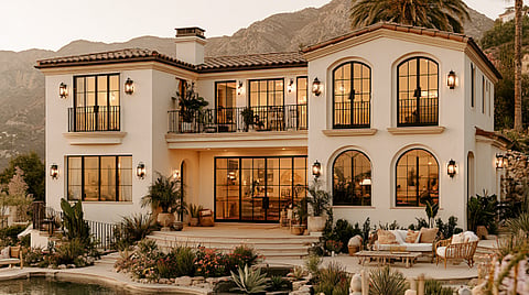 White Mediterranean mansion with a pool.