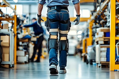 Man working in factory with wearable robotic mobility system.