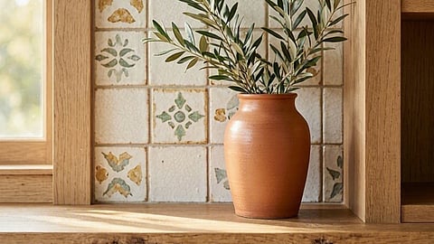 Terracotta vase with olive branches.