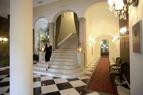 Hotel lobby staircase.