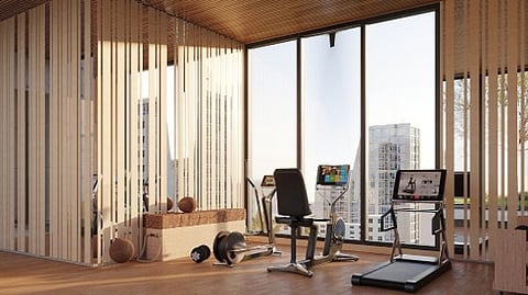 Gym with city view.